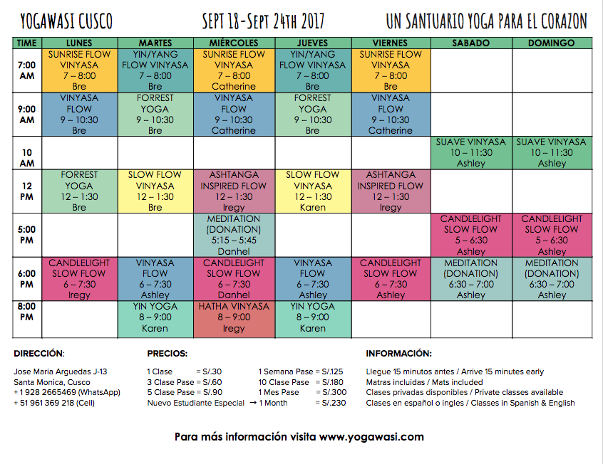 YogaWasi Schedule Yoga Cusco