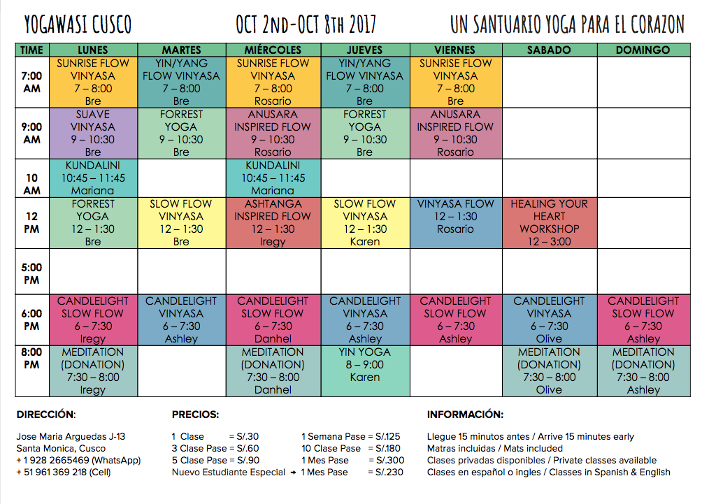 Yoga in Cusco - YogaWasi - Schedule